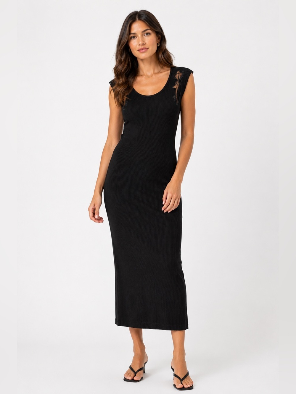Vince Camuto Black Ribbed Floral Lace Cutout Midi Dress Size Large NWOT